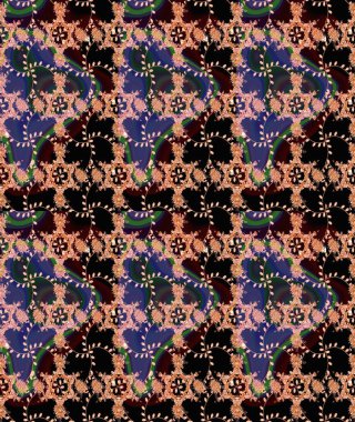 Parlak renkli çiçekli ve siyah yapraklı harika bir çiçek deseni. Moda baskıları için zarif bir şablon. Modern çiçek arkaplanı. Halk stili.