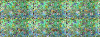 Çiçek duvar kağıdı. Hint süsü. Raster illüstrasyonu. Yeşil ve mavi renklerde. Kusursuz desen. Renkli süs kenarı.