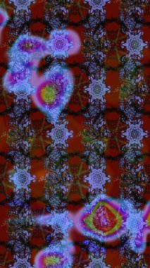 Suluboya çiçekli çiçek deseni. Kahverengi, kırmızı ve mavi renklerde Asya tekstili. Raster illüstrasyonu.