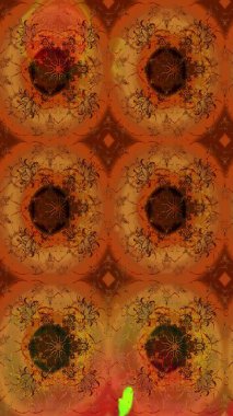 Hint süsü. Çizim kalıbı. Kahverengi ve turuncu renklerde. Renkli süs kenarı. Çiçek duvar kağıdı. Raster illüstrasyonu.