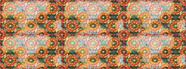 Altın çiçekli, pürüzsüz desen. Turuncu renklerde altın element. Barok tarzında altın çiçekli süs. Damask arkaplanı.