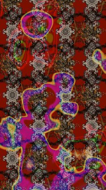 El çizimi çiçek çizimi deseni (fayans). Tekstil için suluboya eskiz deseni. Şirin çiçekleri, desenleri, kahverengi ve kırmızı renkleri olan renkli çizim deseni.