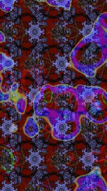 Suluboya elle çizilmiş çiçek desenli eskiz deseni. Parlak renkli fantezi çiçekleri, yapraklar, kahverengi, mor ve siyah renkli tomurcuklar kahverengi, mor ve siyah.