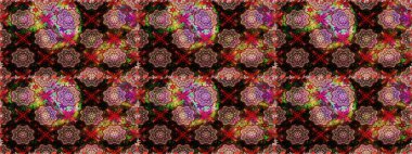 Raster illüstrasyonu. Asya tekstil tarzında. Siyah ve kahverengi renkte çiçekler. Kusursuz çiçek deseni. Raster illüstrasyonu.