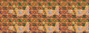 Tekrarlayan elementlerle soyut arkaplan oluşturun. Turuncu renklerde altın desenli altın elementler. Raster illüstrasyonu. Kusursuz, klasik altın desen..