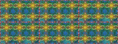 Yeşil ve mavi renklerde. Raster illüstrasyonu. Çiçek buketleriyle klasik tarzda kusursuz desen.