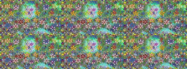 Kusursuz bir arka plan modeli. Raster - stok. Vadinin yeşil ve mavi renkli çiçekleri. Suluboya, elle çizilmiş.