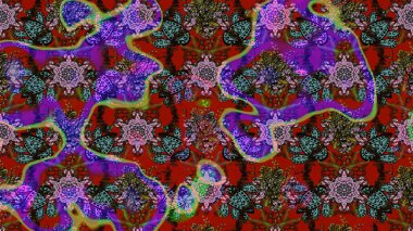 Raster illüstrasyonu. Suluboya çiçekli çiçek deseni. Kahverengi ve kırmızı renklerde Asya tekstili.