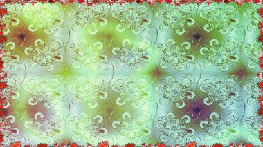 Raster illüstrasyonu. Küçük çiçekli kusursuz yay deseni. Suluboya stilinde tarafsız ve yeşil renkler üzerine.