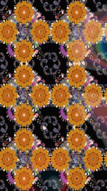 Renkli grunge, soyut arkaplanı koloturuncu çiçeklerle süslüyor. Parmak izi, kumaş, duvar kâğıdı, tekstil için raster dokusu. Nakış desenli çiçek deseni..