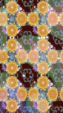 Raster Çiçek İllüstrasyonu 'nun şirin tekstili. Kahverengi renkli etnik çiçeklerle zarif bir eskiz deseni..