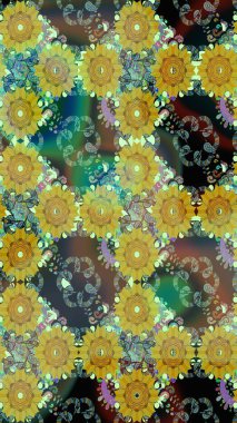 Sevimli çiçek raster deseni. Yeşil renkli çiçekler. Renkli Yaz Temalı eskiz kalıbı. Düz Çiçek Elementleri Tasarımı.