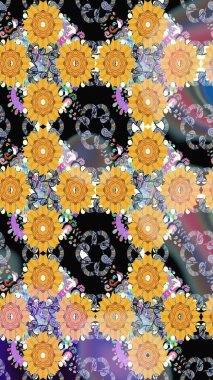 Suluboya çiçekli çiçek deseni. Raster illüstrasyonu. Sarı renkli Asya tekstili.