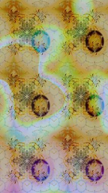 Raster deseni. Patlayan çiçekler soyut olarak yerleştirilmiş. Raster illüstrasyonu. Nazikçe, bahar çiçekleri tarafsız ve sarı renklerde.