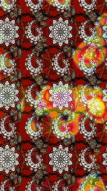 Raster illüstrasyonu. Suluboya çiçekli çiçek deseni. Kahverengi ve kırmızı renklerde Asya tekstili.