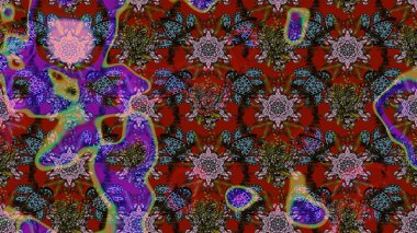 Çok renkli ve kahverengi zarif küçük çiçekler ve kırmızı ve kahverengi renkli komik böcekler, raster desen, illüstrasyon.