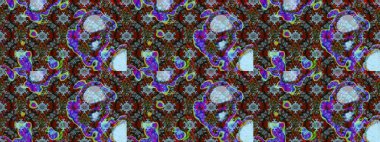 Raster illüstrasyonundaki çiçek desenli çizim. Mavi ve kahverengi renkte çiçekler.