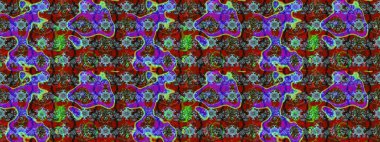 Mavi ve kırmızı renklerde. Raster illüstrasyonu. 3D çiçekler, çizim.