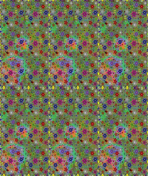 Raster illüstrasyonunda kusursuz çiçek deseni. Yeşil ve kahverengi renkte çiçekler.