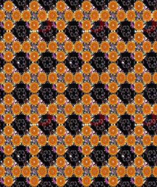 Kumaş, tekstil, duvar kağıdı baskısı için. Eskiz geçmişi. Renkli desenli eskiz deseni, siyah çiçekler ve dekoratif elementlerle. Eski usul. Raster illüstrasyonu.