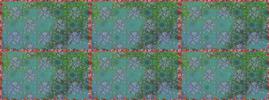 Raster Çiçek İllüstrasyonu 'nun şirin tekstili. Yeşil ve mavi renkte etnik çiçeklerle kusursuz bir desen..