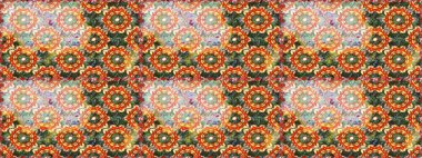 Klasik raster sarısı, kusursuz desen. Çiçek süsü kumaş deseni, cam, çiçek desenli altın elementli turuncu desenli metal..