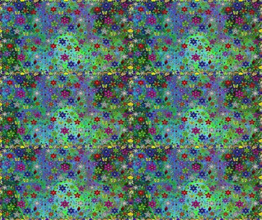 Raster illüstrasyonu. Yeşil ve mavi renklerde. Çiçek duvar kağıdı. Kusursuz desen. Hint süsü. Renkli süs kenarı.