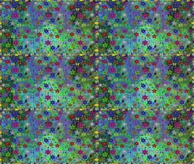 Raster illüstrasyonu. Yeşil ve mavi renklerde. Çiçek duvar kağıdı. Kusursuz desen. Hint süsü. Renkli süs kenarı.