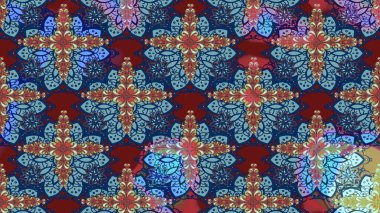 Raster Floral Illustration, Asyalı tekstil. Etnik çiçeklerle renklendirilmiş zarif eskiz deseni.