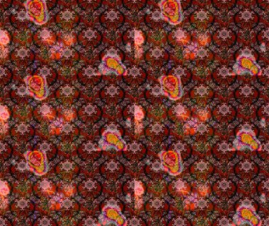 Çiçeksel çizim kalıbının yansıması. Vadinin çiçekleri kahverengi, kırmızı ve pembe renklerde.