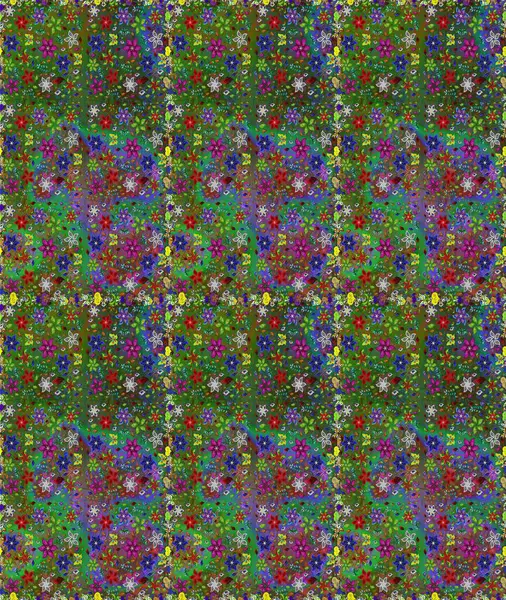 Raster illüstrasyonu. Yeşil ve kahverengi renkli güzel tekstil. Çiçeklerle suluboya desenleri.