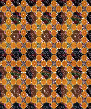 Turuncu renkli çiçekler. Raster illüstrasyonu. Raster illüstrasyonu. Çiçek desenli çizim. Asya tekstil tarzında.