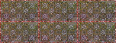 Renkli şal desenli, kahverengi ve gri çiçekli ve dekoratif elementli kusursuz desen. Kumaş, tekstil, duvar kağıdı baskısı için. Raster illüstrasyonu. Eski usul. Kusursuz arkaplan.