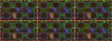 1950-1960 motifleri. Yeşil ve kahverengi, yeşil ve kahverengi. Retro tekstil tasarım koleksiyonu. Çiçekli ipek eşarp. El çizimi çiçek elementleriyle soyut, dikişsiz raster deseni..