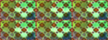 Yeşil ve kahverengi renkli vadi çiçekleri. Soyut etnik raster kusursuz desen. Çiçekler..