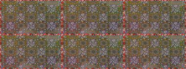 Renkli şal desenli, kahverengi ve gri çiçekli ve dekoratif elementli kusursuz desen. Kumaş, tekstil, duvar kağıdı baskısı için. Raster illüstrasyonu. Eski usul. Kusursuz arkaplan.