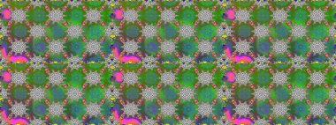 Düz Çiçek Elementleri Tasarımı. Renkli Bahar Temalı Kusursuz Arkaplan. Yeşil ve gri renkte zarif çiçekli suluboya. Raster illüstrasyonu.