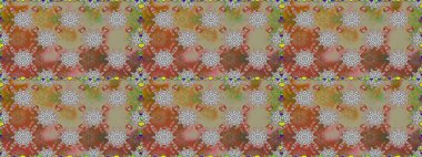 Renkli grunge, soyut arkaplanı kolonya ve gri çiçeklerle süslüyor. Parmak izi, kumaş, duvar kâğıdı, tekstil için raster dokusu. İşlemeli çiçek desenli..