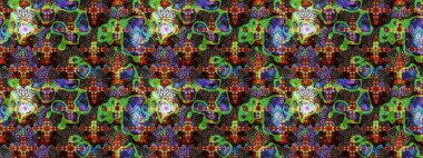 Kumaş, tekstil, duvar kağıdı baskısı için. Renkli desenli eskiz deseni, çiçekler ve dekoratif elementlerle. Eskiz geçmişi. Raster illüstrasyonu. Antika retro tarzı.