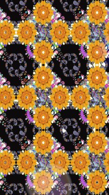 Çok renkli, zarif küçük çiçekler ve siyah renkli komik böcekler, raster desen, illüstrasyon..