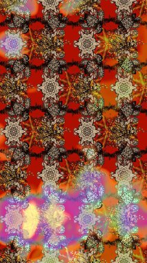 Çiçek desenli çizim. Raster illüstrasyonu. Renkli Bahar Teması eskiz kalıbı. Düz Çiçek Elementleri Tasarımı. Kahverengi, bej ve kırmızı renkte çiçekler. Asya tekstil tarzında.