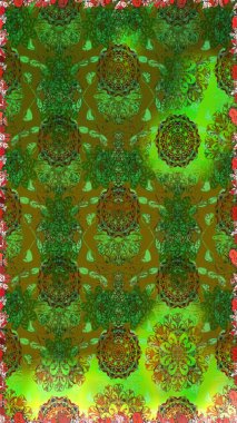 Hint süsü. Çiçek duvar kağıdı. Kusursuz desen. Renkli süs kenarı. Raster illüstrasyonu. Yeşil renklerde.