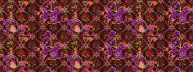 Kumaş desenli papatya çiçeği detayı. Kahverengi ve kırmızı renkte çiçekler.