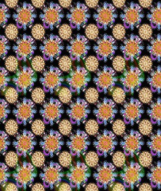 Raster deseni. Yumuşak, bahar çiçekleri siyah renklerde. Patlayan çiçekler soyut olarak yerleştirilmiş. Raster illüstrasyonu.