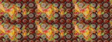 Eski usul. Eskiz geçmişi. Raster illüstrasyonu. Kumaş, tekstil, duvar kağıdı baskısı için. Renkli desenli eskiz deseni, çiçekler ve dekoratif elementlerle.