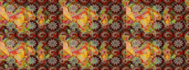 Eski usul. Eskiz geçmişi. Raster illüstrasyonu. Kumaş, tekstil, duvar kağıdı baskısı için. Renkli desenli eskiz deseni, çiçekler ve dekoratif elementlerle.