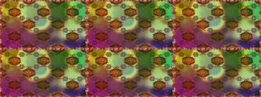 Kumaş, tekstil, duvar kağıdı baskısı için. Kusursuz bir geçmişi var. Raster illüstrasyonu. Renkli şal desenli, kahverengi ve yeşil çiçekli ve dekoratif elementli kusursuz desen. Antika retro tarzı.