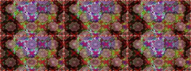 Yaprak ve çiçeklerin suluboya resimleri, kahverengi ve kırmızı renklerde pürüzsüz desenler. Kahverengi ve kırmızı renklerde bahar çiçekleri. Raster illüstrasyonu.