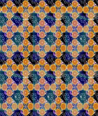 Raster - stok. Yapraklı çiçekler ve mavi renkli papatya çiçekleri. Taslak arkaplan deseni.