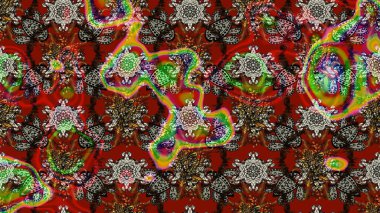 Çok kahverengi ve kırmızı zarif küçük çiçekler ve kahverengi ve kırmızı renkli komik böcekler, raster desen, illüstrasyon.